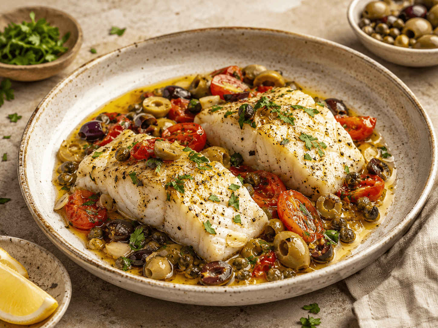 Baked Cod with Olive & Caper Sauce