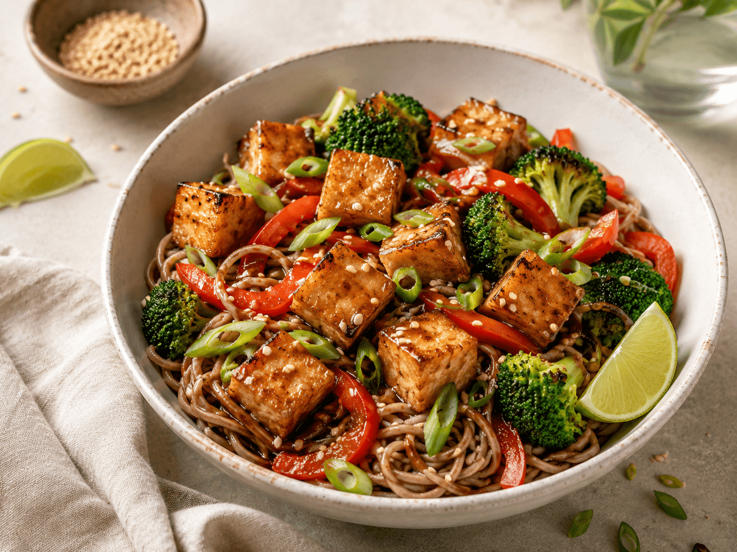 Crispy Tofu, Broccoli & Sesame Noodle Bowls