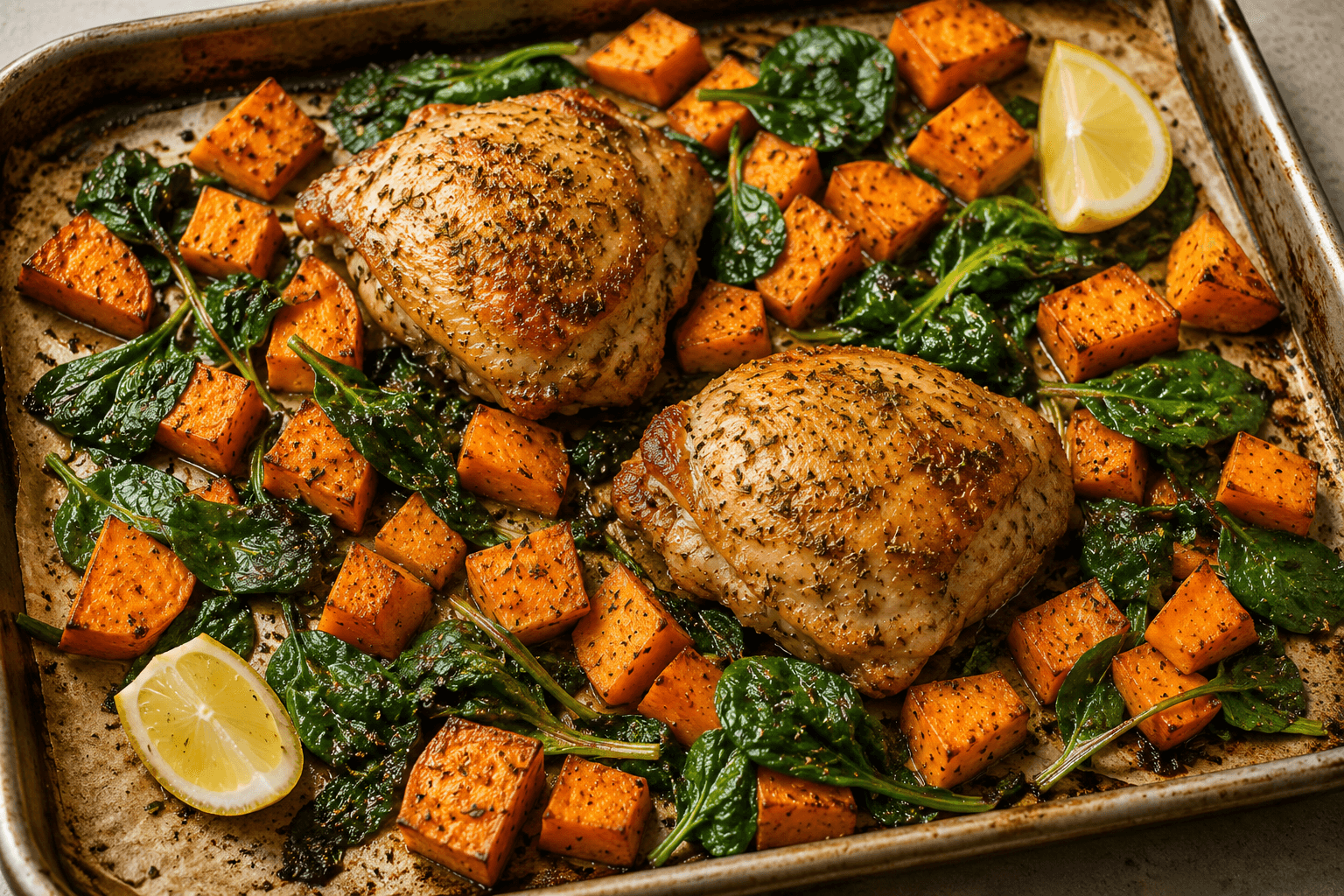 Herb Chicken, Sweet Potato & Spinach Traybake