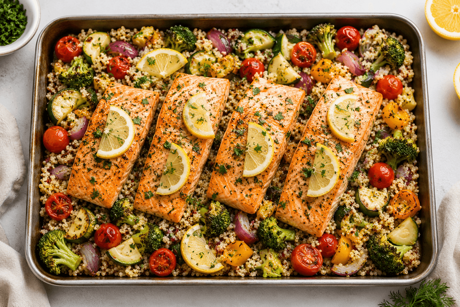 Lemon Herb Salmon & Quinoa Traybake