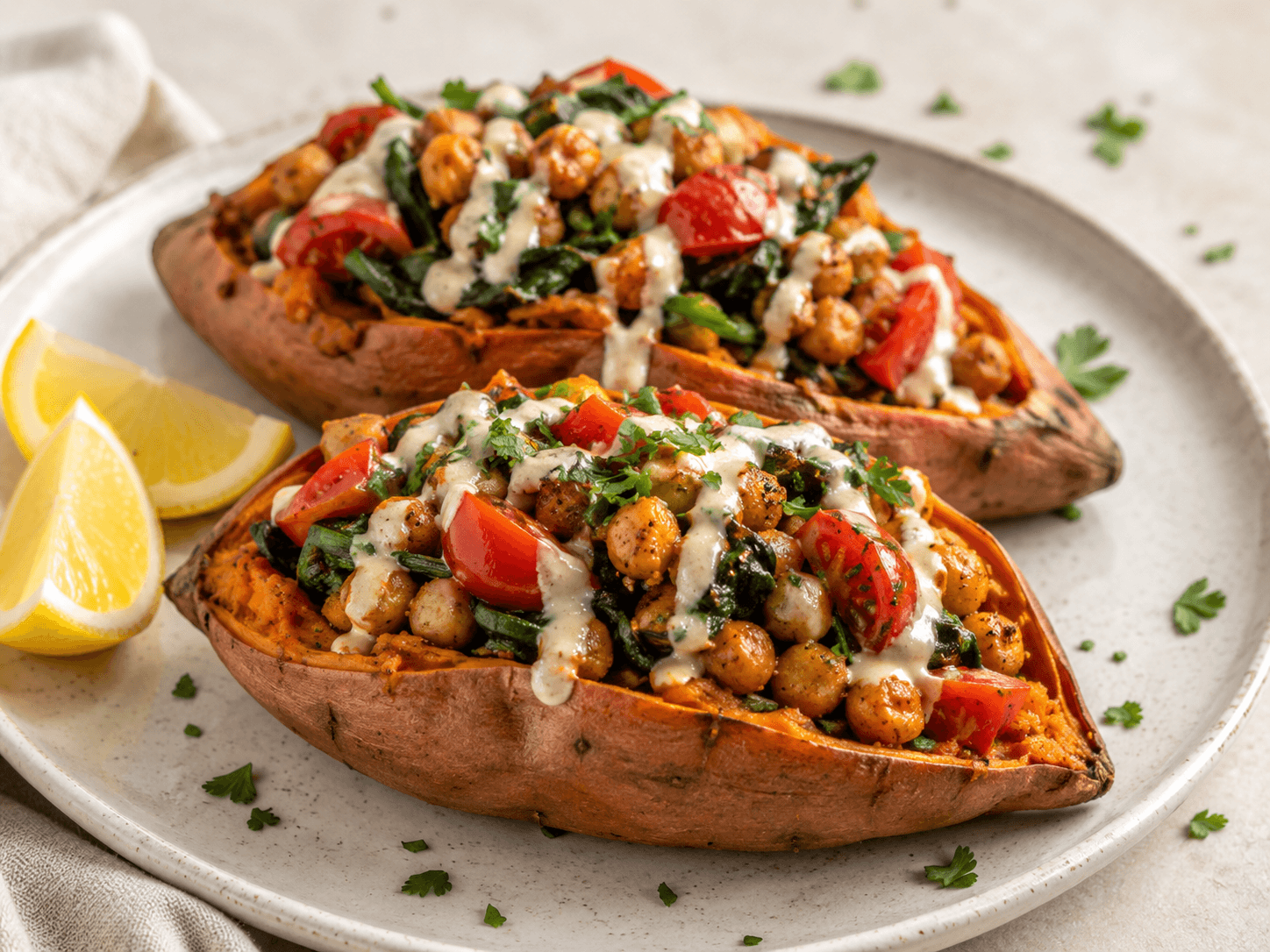 Mediterranean Chickpea Stuffed Sweet Potatoes