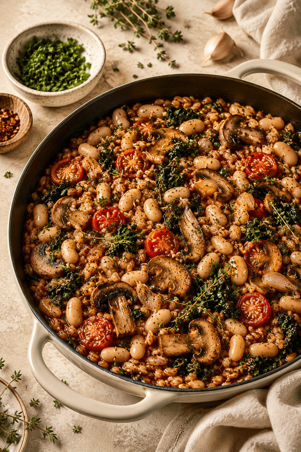 Mushroom, White Bean & Farro Skillet