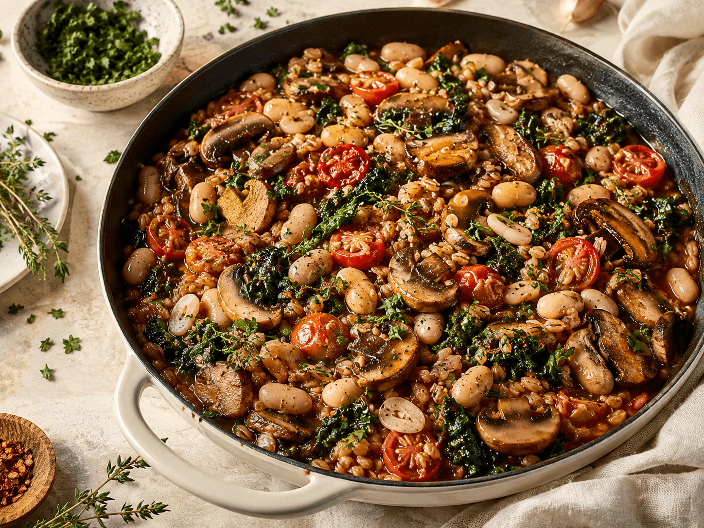 Mushroom, White Bean & Farro Skillet