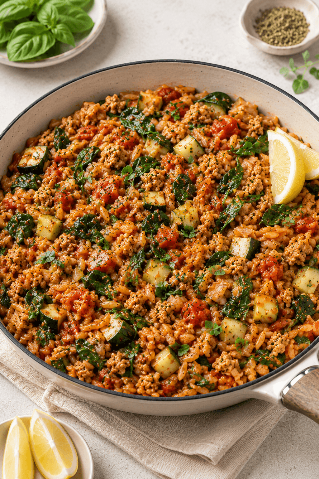 Turkey, Zucchini & Tomato Orzo Skillet