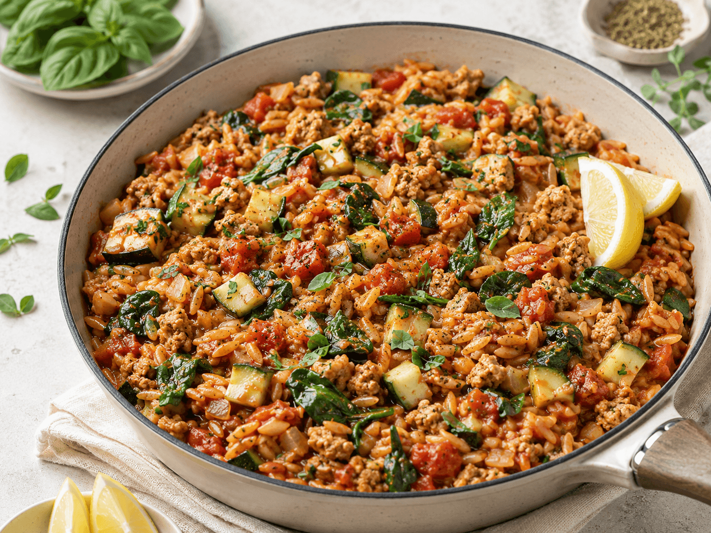 Turkey, Zucchini & Tomato Orzo Skillet